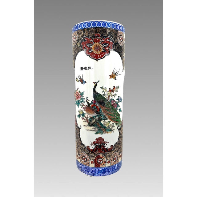 Large Chinese White Porcelain Imari Style Umbrella Stand With Green Peacocks & Floral Scenes For Sale In Tampa - Image 6 of 11