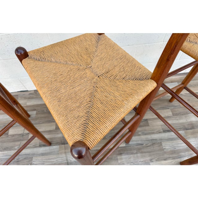 Brown 1970s Set of 3 Danish Modern Style Oak Bar Stools With Rush Seats | Mid-Century For Sale - Image 8 of 18