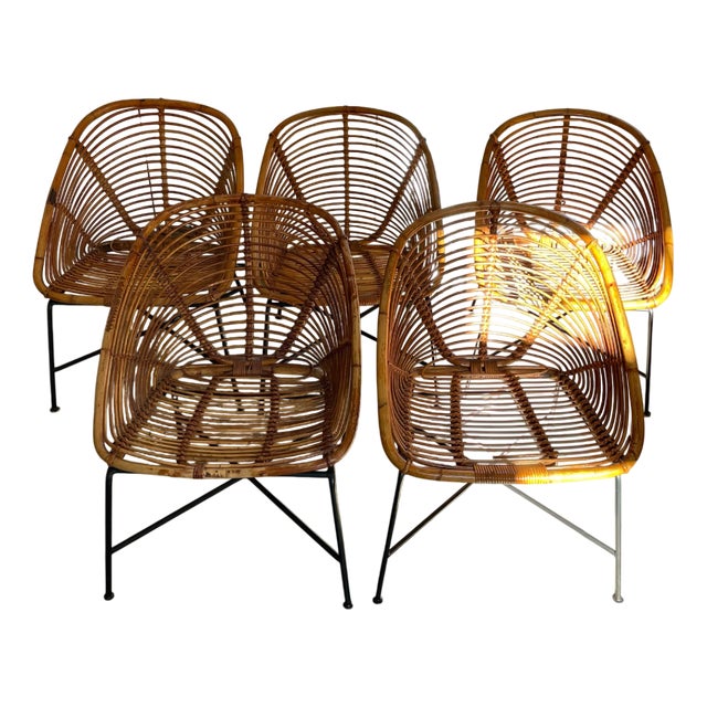 Mid-Century Rattan Lounge Chairs, 1950s, Set of 5 For Sale