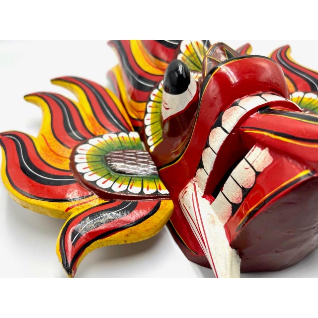 Yellow Carved Mayura Raksha Mask For Sale - Image 8 of 9