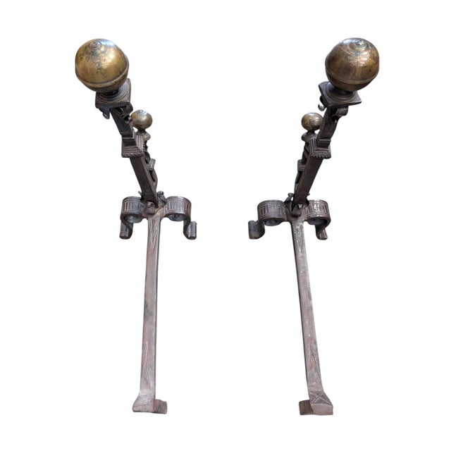 Early 20th Century Antique Spanish Revival Brass and Wrought Iron Fireplace Andirons – Pair For Sale - Image 5 of 7