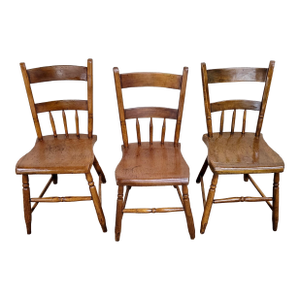 Antique Primitive Handmade Farmhouse Plank Seat Spindle Back Chairs - Set of 3