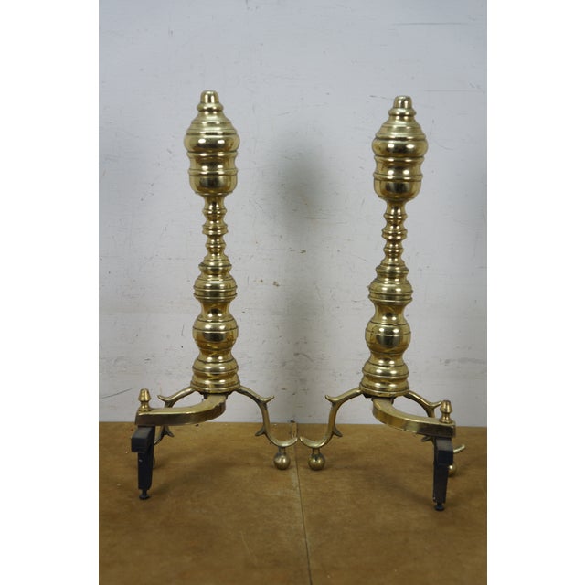 Antique Georgian Colonial Revival Brass Beehive Fire Dog Andirons - a Pair For Sale - Image 6 of 14