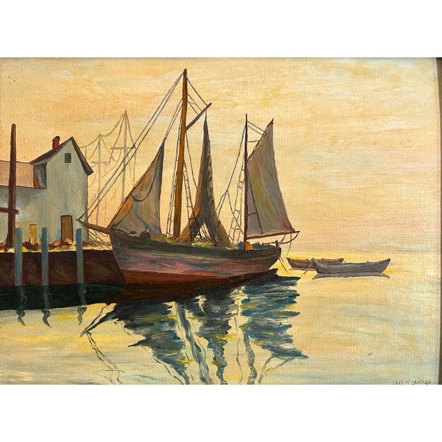 Vintage Painting of a Sailboat in Harbor For Sale - Image 4 of 7