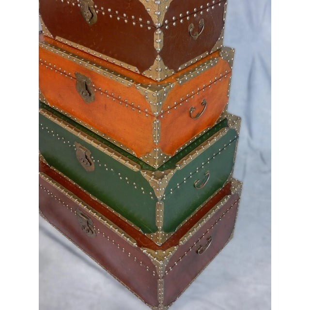 1980s Exotic Brass Nail Head & Enameled Wood Nesting Trunks or Chests For Sale In Las Vegas - Image 6 of 12