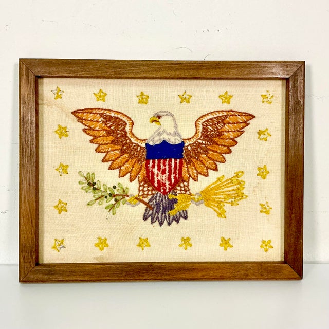 1930s Vintage Boho Chic Americana Patriotic Eagle Needlepoint Yarn Sampler, Framed For Sale - Image 4 of 11