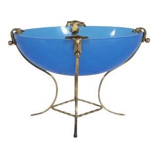 French Opaline Blue Glass and Brass Centerpiece Bowl For Sale