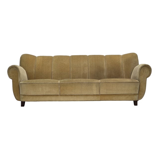 Danish Light Green Velour Three-Seater Sofa, 1960s For Sale