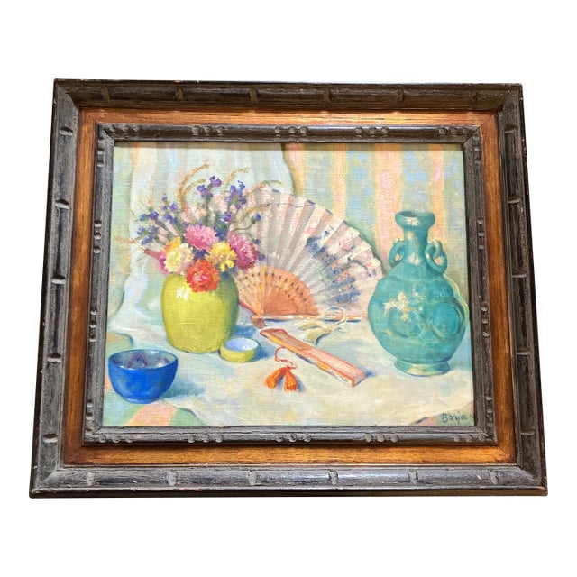 1980’s Original Vintage Impressionist Still Life With Fan and Flowers Painting- Signed For Sale