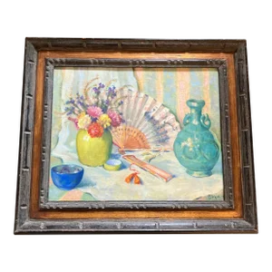1980’s Original Vintage Impressionist Still Life With Fan and Flowers Painting- Signed