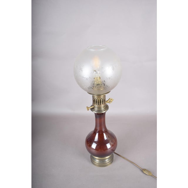 Amber-Brown Glass and Brass Table Lamp with Etched Glass Globe, 1950s For Sale - Image 12 of 18