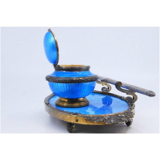 Metal Silver Inkwell with Reliefs and Applications in Blue Enamel For Sale - Image 7 of 9