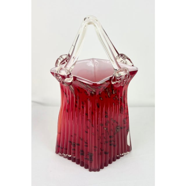 Mid-Century Modern Vintage Murano Style Ruby Red Art Glass Purse Vase With Clear Handle & Aventurine Flecks For Sale - Image 3 of 12