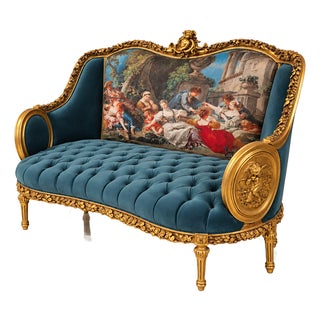 French Rococo Style Sofa – Green Velvet Upholstery, Gold Leaf Frame & Romantic Scenic Panel For Sale