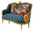 French Rococo Style Sofa – Green Velvet Upholstery, Gold Leaf Frame & Romantic Scenic Panel For Sale
