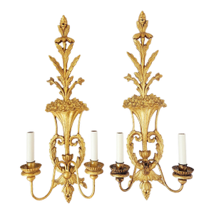 Vintage Flower Basket Motif Giltwood Wall Sconces - A Pair