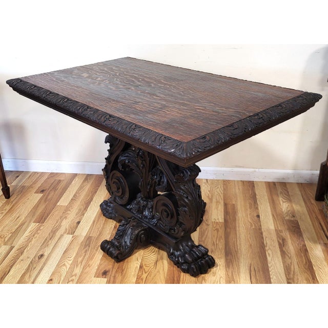 Late 19th Century Antique American Carved Oak "Fleur-De-Lis" Base Renaissance Library Center Table For Sale - Image 5 of 13