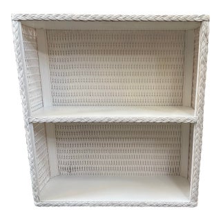 Vintage White Wicker Rattan Style Wall Shelf With Braided Trim For Sale