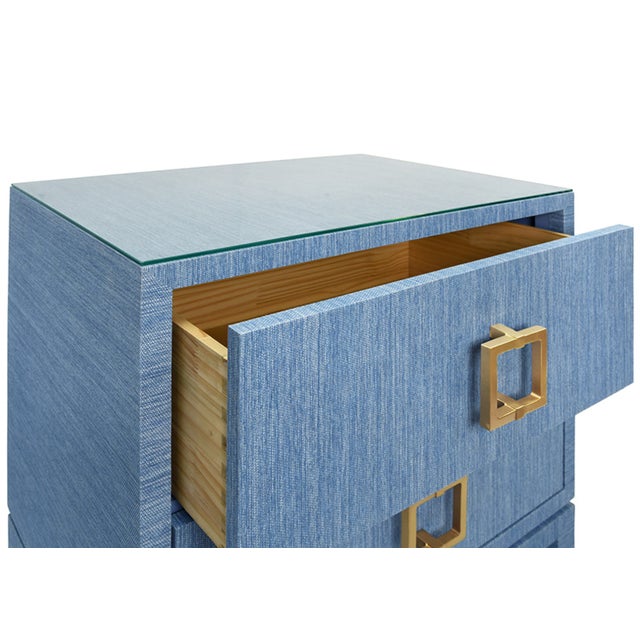 Not Yet Made - Made To Order Matthew Izzo Home Cole Light Blue Dyed Grasscloth Two Drawer Side Table/Nightstand With Glass Top and Large Satin Brass Square Hardware For Sale - Image 5 of 10