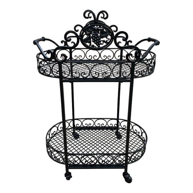 Wrought Iron Outdoor Garden Bar Cart in Black For Sale