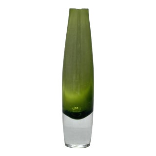 Vintage Scandinavian Modern Green Glass Bud Vase With Clear Base For Sale