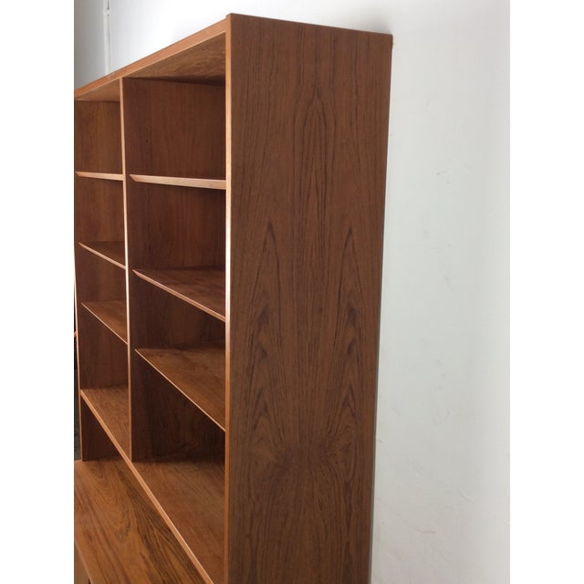 1970s Danish Modern Two Piece Shelving Unit With Adjustable Shelves and Sliding Door Cabinets For Sale - Image 5 of 17
