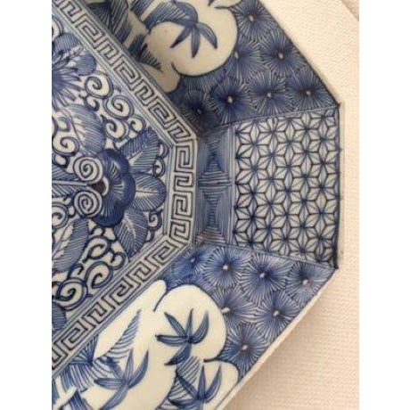 Antique Japanese Blue & White Octagonal Plate With Floral and Bamboo Motifs For Sale - Image 11 of 18