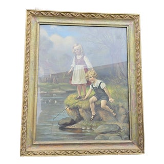 Art Nouveau, Children Fishing, 1890s, Chromolithograph For Sale