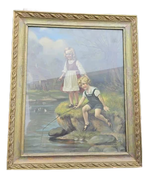 Art Nouveau, Children Fishing, 1890s, Chromolithograph