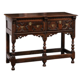 English 1870s Oak Dresser Base with Carved Geometric Front and Two Drawers For Sale
