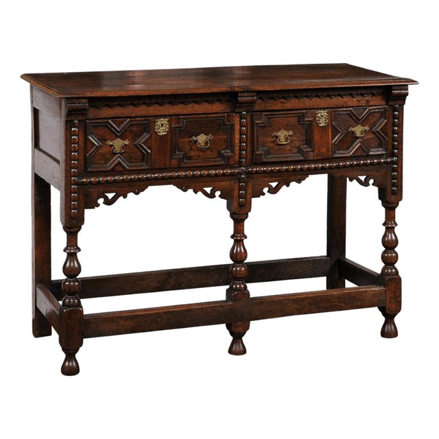 English 1870s Oak Dresser Base with Carved Geometric Front and Two Drawers For Sale