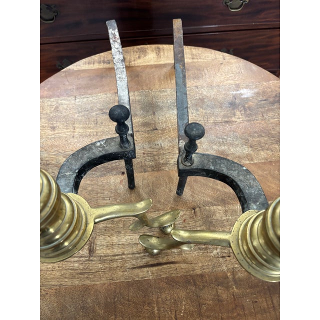 Early 19th Century Antique 19th Century Classic Tall Beehive Brass Andirons With Exaggerated Ball Feet- a Pair For Sale - Image 5 of 11