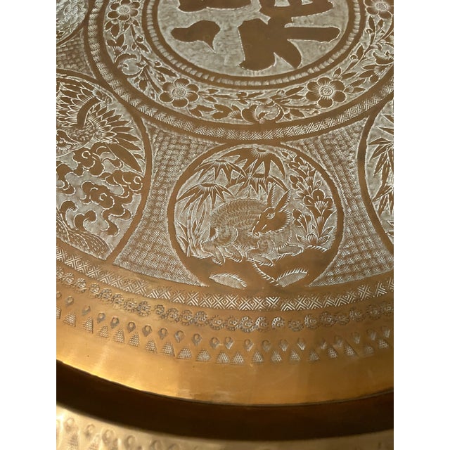 Moroccan 20th Century Asian Handcrafted Brass Tray Table With Folding Base For Sale - Image 3 of 10