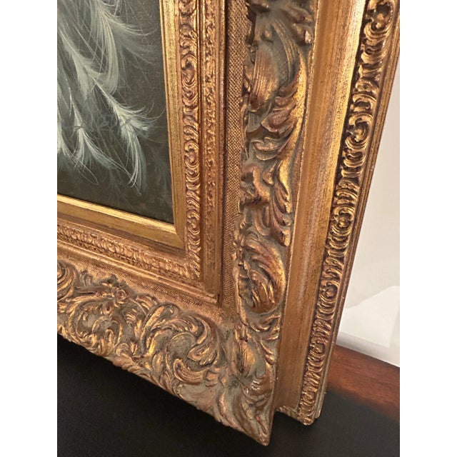 Graceful beauty of this old masters style oil painting on canvas. Subject of a pair of albino peacocks. Presented in an...