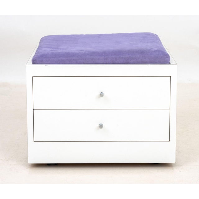 Contemporary White Laminate Storage Ottoman, with purple suede upholstered cushion above two drawers with divided...