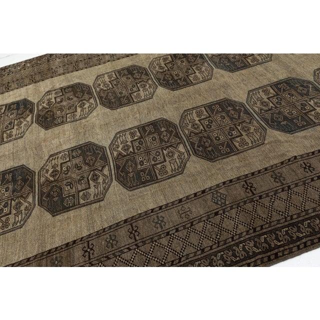 Antique Turkaman Wool Rug With Geometric Gull Medallions in Muted Taupe & Espresso For Sale - Image 4 of 9