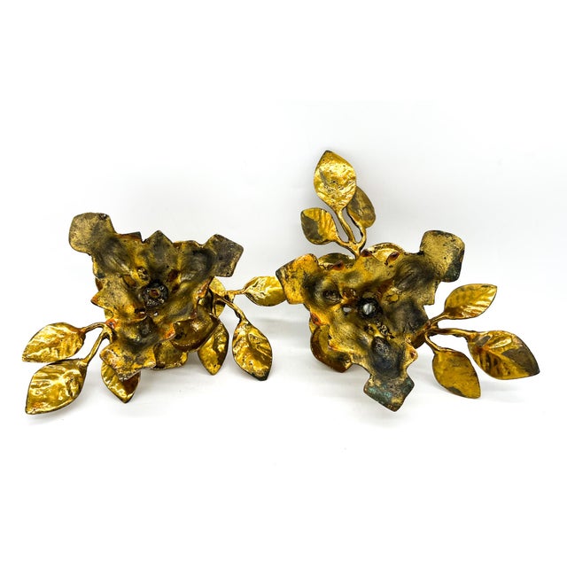 Vintage Gold-Tone Metal Rose Candle Holders — Hollywood Regency / Maison Jansen Style For Sale - Image 11 of 12