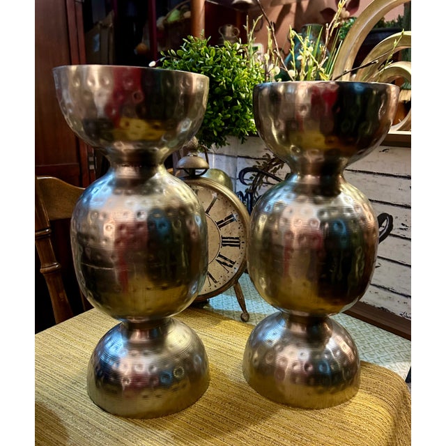 1980s Large Pair of Vintage Farmhouse Hammered Metal Candle Holders For Sale - Image 5 of 6