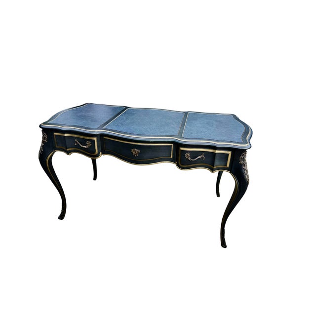 Drexel Heritage Vintage Drexel Heritage Et Cetera Louis XV French Provincial Black Lacquer Writing Desk With Tooled Leather Top | Bureau Plat Executive Desk For Sale - Image 4 of 17
