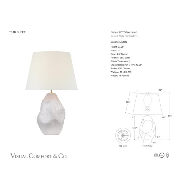 AERIN by Visual Comfort Signature Rocco 27" Table Lamp in White with Linen Shade Designer: AERIN Height: 27.25" Base: 4.5"...