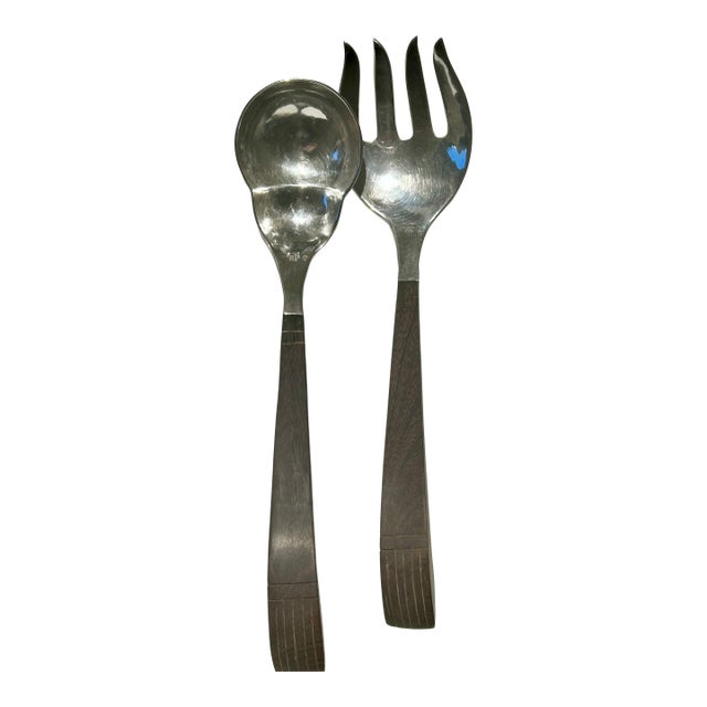 1950s Vintage Taxco Modernist 980 Fine Silver & Rosewood Salad Serving Set - 2 Pieces For Sale
