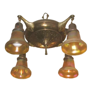 American Arts and Crafts Style Iridescent Glass and Bronze 4 Light Chandelier