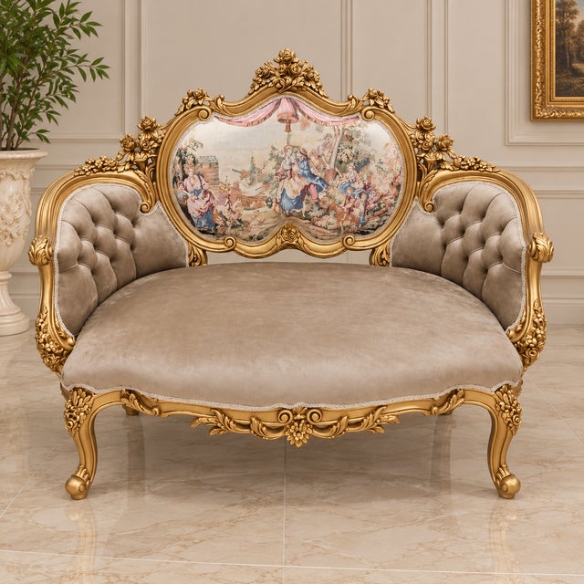 Elevate a refined interior with this spectacular French Louis XV-style settee, distinguished by an elaborately carved...
