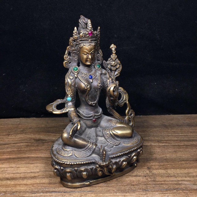 Bronze Vintage Bronze Green Tara Statue With Gemstone Inlays For Sale - Image 8 of 9