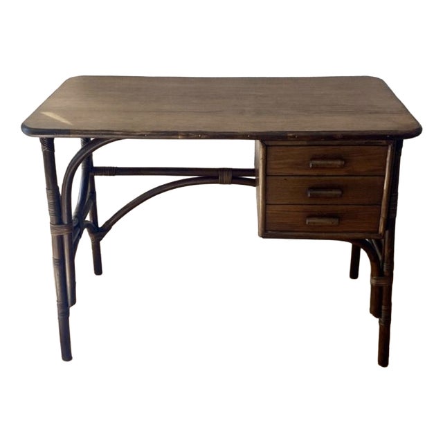 Rattan Desk with 3 Drawers, 1950s For Sale