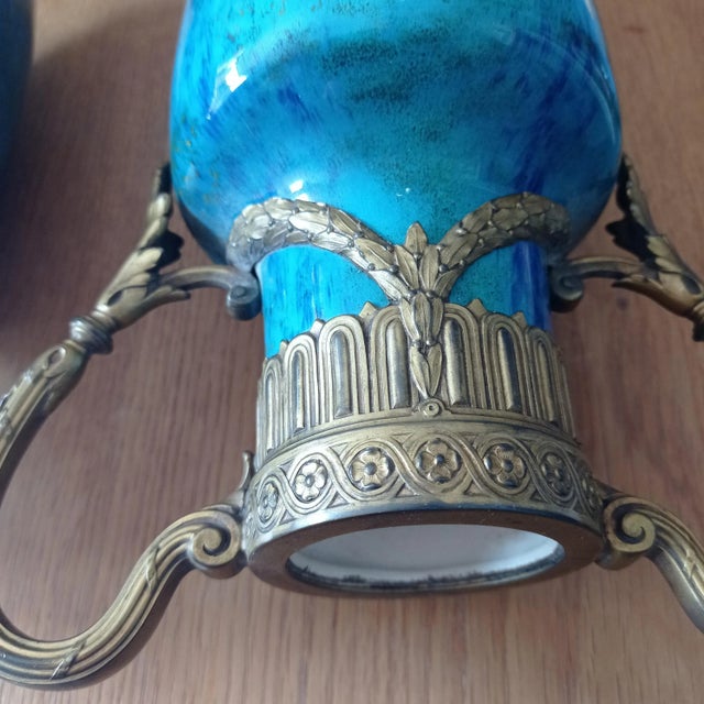 Sevres Bronze Mounted Vases with Green and Blue Glazed Faience, Set of 2 For Sale - Image 3 of 8