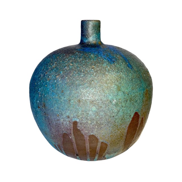 Mid-Century Modern Vintage Mid Century Blue Green Drip Glazed Brown Vase For Sale - Image 3 of 13