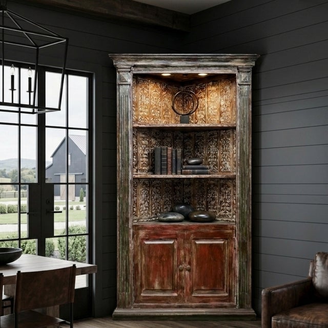 Wood Antique Hand-Carved Corner Bookshelf | Rustic Open Wood Display Bookcase For Sale - Image 7 of 7