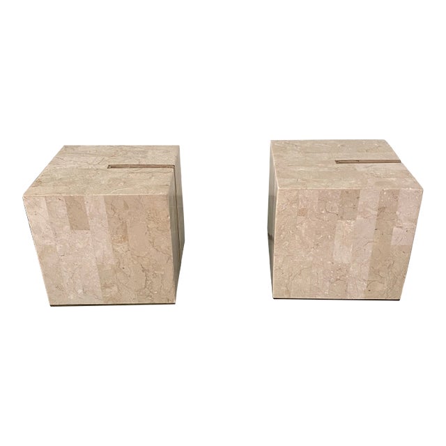 Vintage 1970s Square Stone Lamps With Brass Inlay Set of 2 For Sale