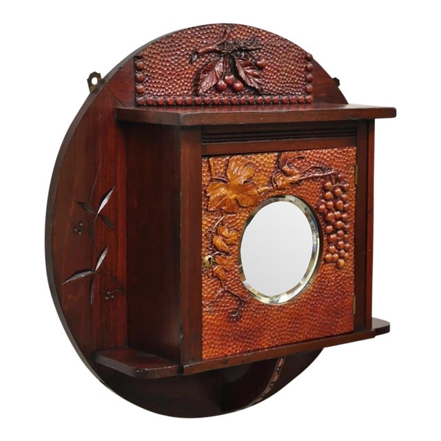 Antique Victorian Black Forest Carved Round Wall Mirror Curio Cabinet For Sale